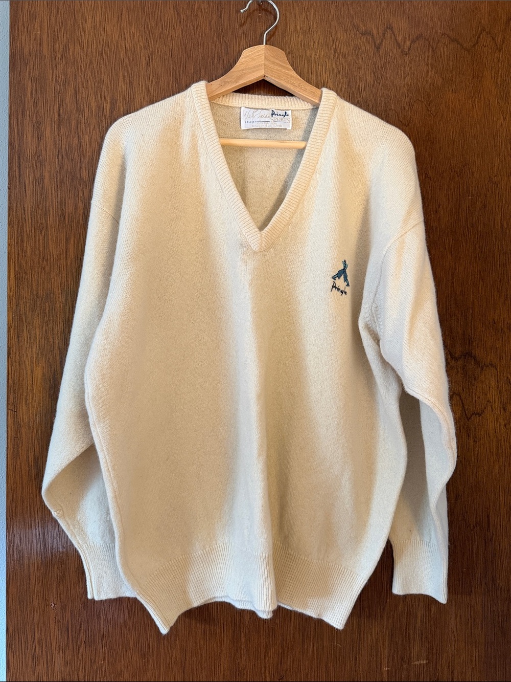 Vintage Wool Pringle Cream V-Neck Sweater with Teal Logo eclectic grandpa